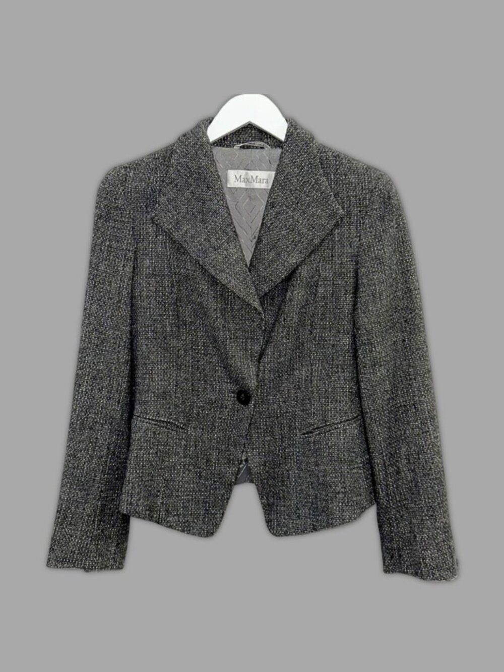 MAX MARA Dark Grey Tweed 1 Button Blazer Jacket